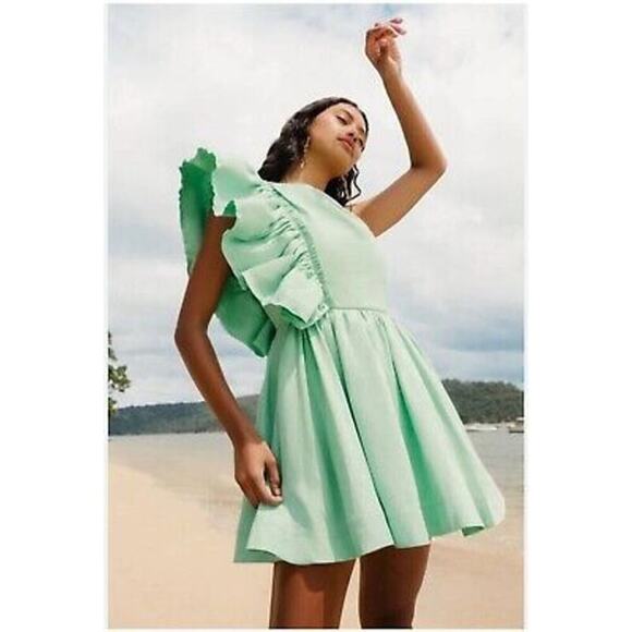 AJE Bonjour Asymmetrical Green One Shoulder Ruffle Mini Dress XS, AU6/US2 - Picture 1 of 8